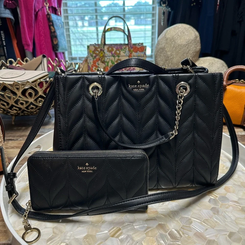 Gorgeous Kate Spade Quilted Black Leather Handbag And Matching Wallet!